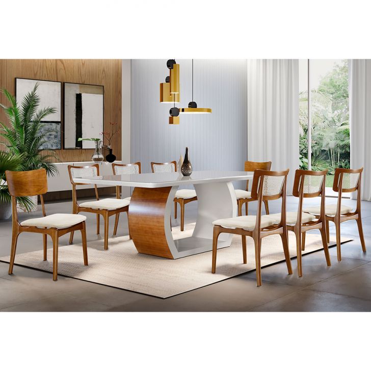 Conjunto De Mesa De Jantar Retangular Com Tampo De Vidro Off White Zeus E 8 Cadeiras Gold Linho Creme E Imbuia