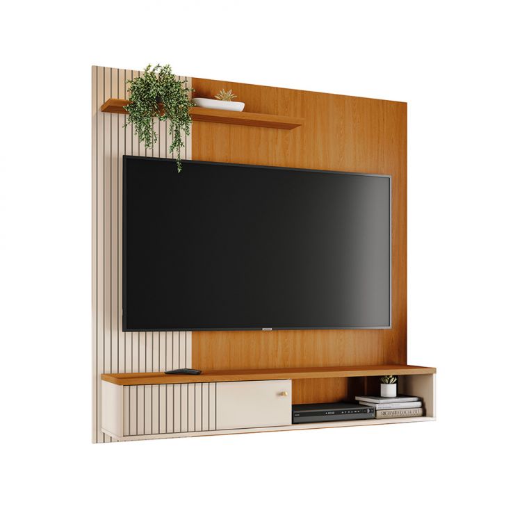 Painel Com Rack Suspenso Para Tv Até 65 Polegadas Aurora 1 Porta Cinamomo E Off White