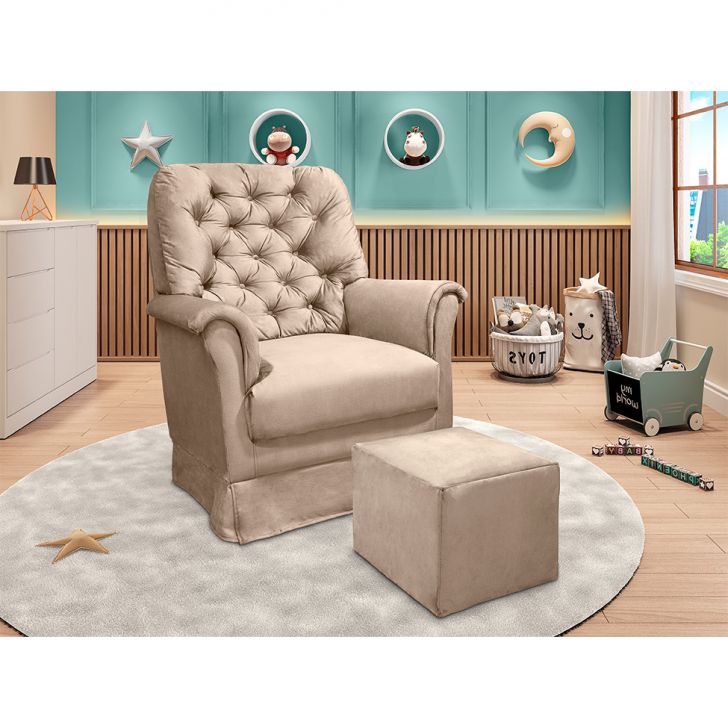 Poltrona para Amamentação com Puff Agatha Suede Bege