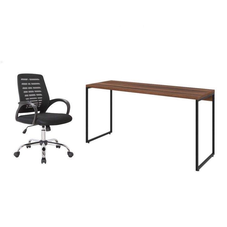 Conjunto de Mesa Studio Nogal 150 cm com Cadeira de Escritório Secretária Giratória Light Preta