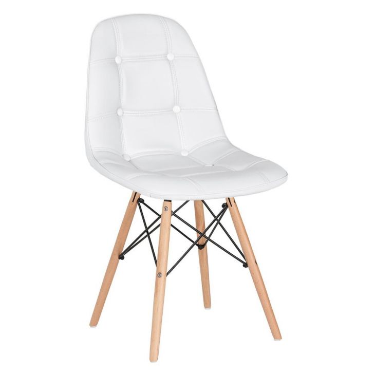 Cadeira estofada Charles Eames Eiffel Botonê com pés de madeira clara Branco