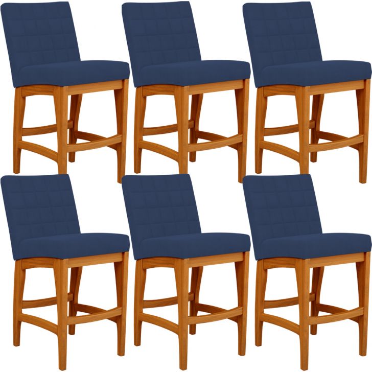 Kit 06 Banqueta Baixa Cozinha Bancada Bar Sala Jantar Fixa Mila L02 Suede Azul Marinho - Lyam Decor