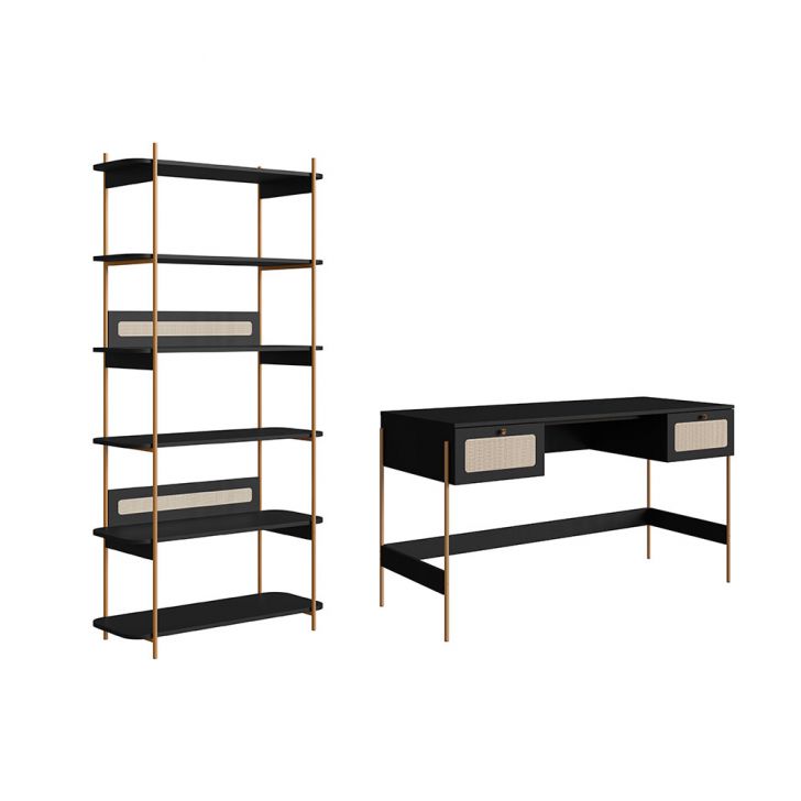Image of Conjunto De Escrivaninha Com Estante Oslo Preto E Dourado PLA-MO895TA65WQCMOB