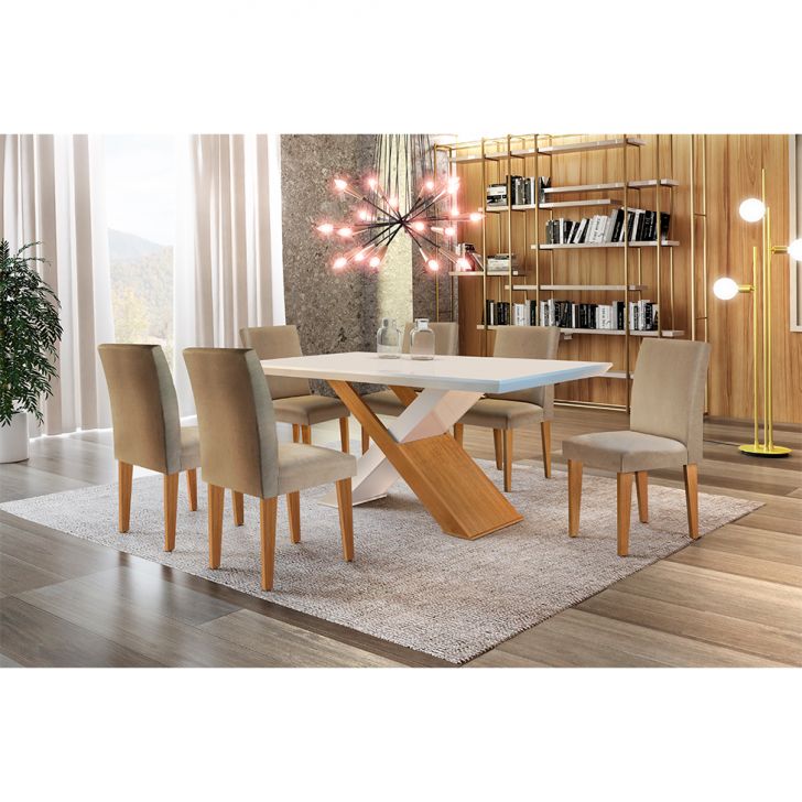 Conjunto De Mesa De Jantar Com Tampo Off White Imperatriz E 6 Cadeiras Grécia Linho Bege E Imbuia