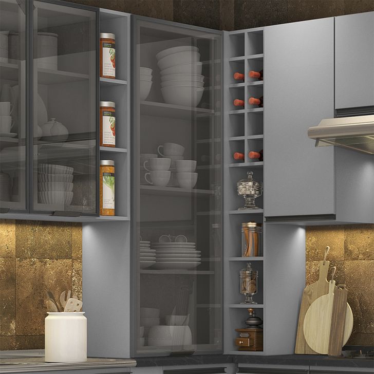 Armário Aéreo de Canto Ketlin com Vidro 1 Porta Cinza