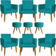 Kit 6 Poltronas Decorativas Para Sala, Recepção Nina + 3 Puff Redondo Suede Azul Turquesa Pé Castanho - Clique E Decore