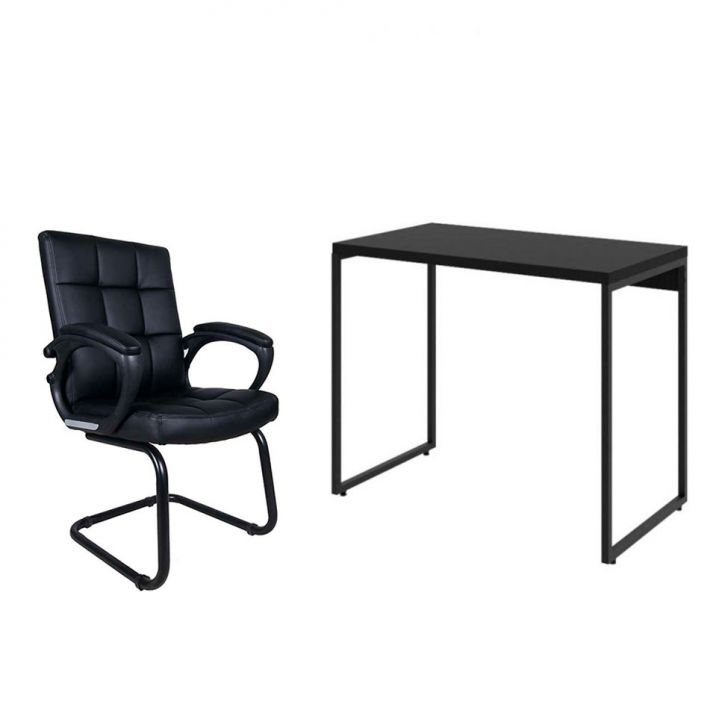 Conjunto de Mesa Studio com Cadeira de Escritório Interlocutor Fixa Charles Preta
