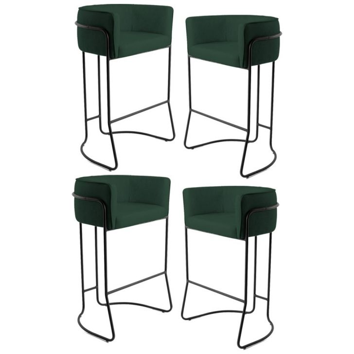 Kit 4 Banquetas Decorativas Base Aço Preto Betina B-303 Veludo Verde Musgo - Domi