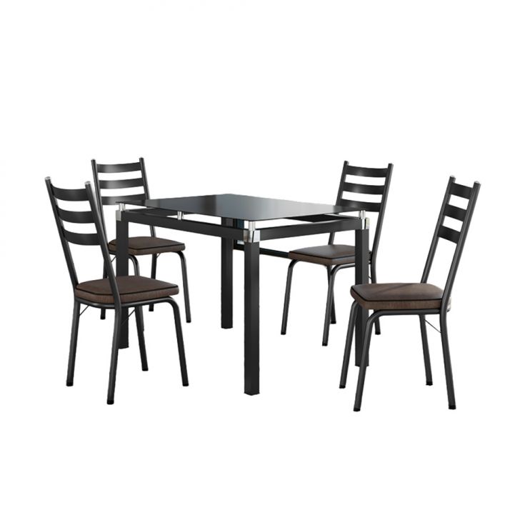 Conjunto De Mesa Retangular Com Tampo De Vidro Malva E 4 Cadeiras New Revestimento Sintético Imbuia E Preto 107 Cm