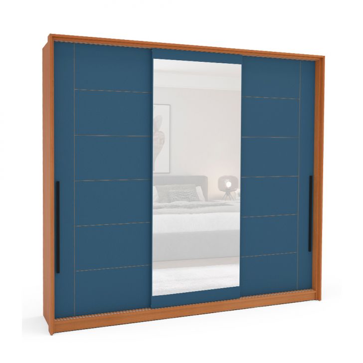 Image of Guarda-roupa Casal Com Espelho Lisboa 3 Portas 4 Gavetas Freijó E Azul PLA-MO895CL65ORYMOB