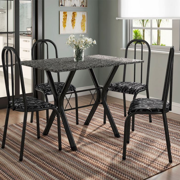 Conjunto De Mesa Miame 110 Cm Com 4 Cadeiras Madri Preto E Preto Floral