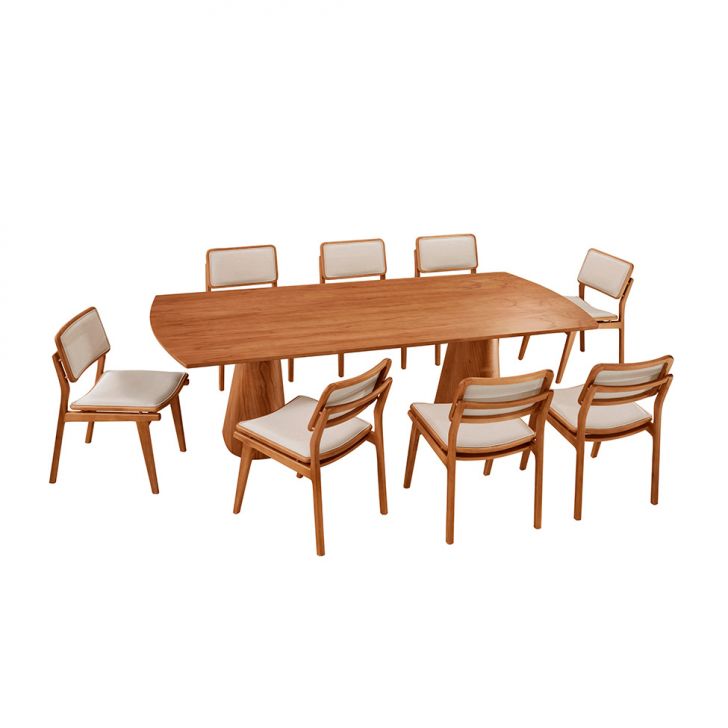 Mesa De Jantar Retangular Itália Com Tampo Laminado E 8 Cadeiras Lea Linho Off White E Imbuia Natural
