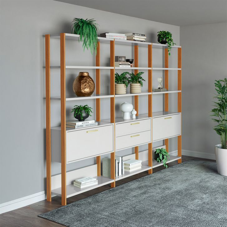 Estante Helen 100% MDF 2 Portas 2 Gavetas Off White e Freijó