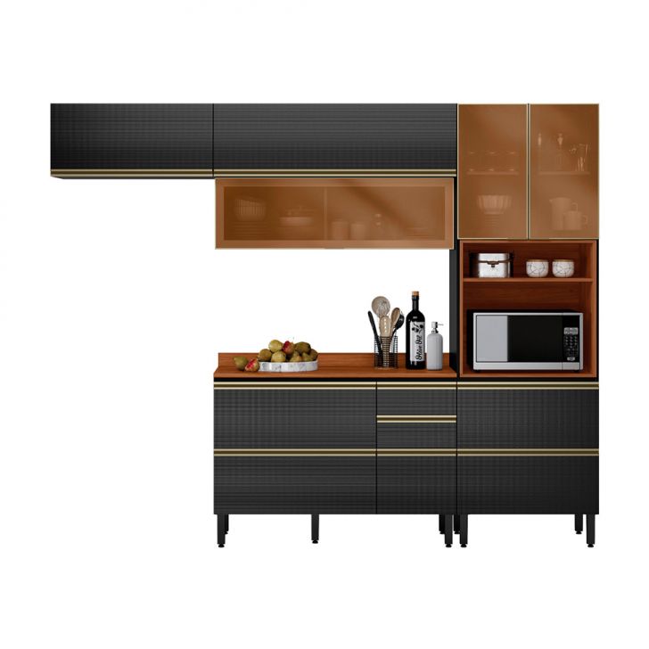 Cozinha Compacta com 3 Vidros Reflecta Proença 6 Portas 6 Gavetas Carbono e Nogueira