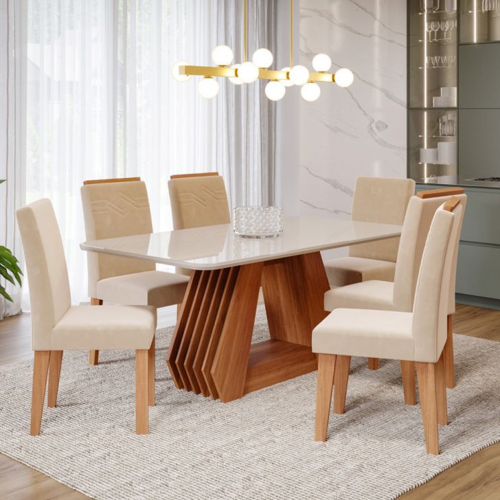Conjunto De Mesa Retangular Com Tampo De Vidro Off White Agata E 6 Cadeiras Tais E Maia Suede Bege E Amadeirado