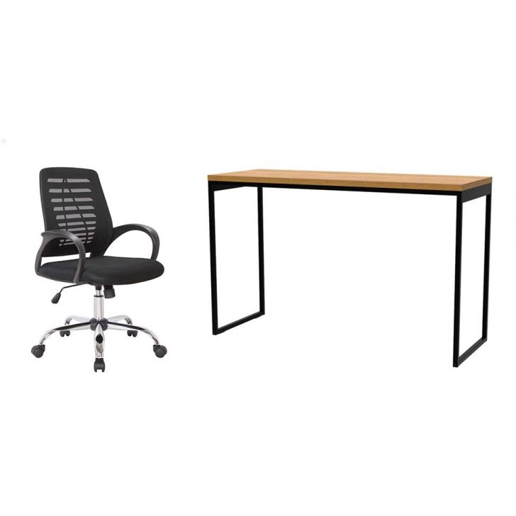 Conjunto de Mesa Stanford Amêndoa 120 cm com Cadeira de Escritório Secretária Giratória Light Preta