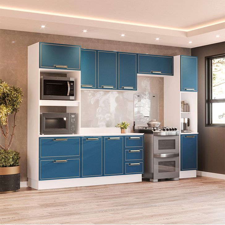 Image of Cozinha Completa Com Tampo Rodapé E Paneleiro Amara 10 Portas 4 Gavetas Azul E Branca PLA-MO895CL65PXEMOB