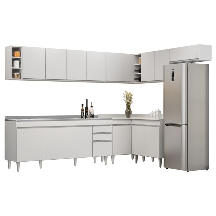 Armário de Cozinha Modulado de Canto 8 Peças CP27 com Pia Inox Branco - Lumil