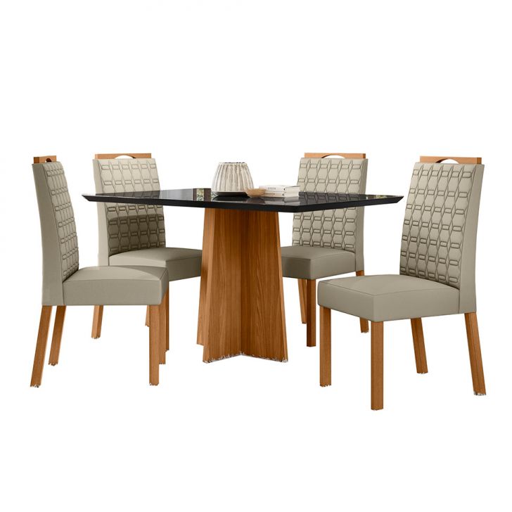 Conjunto de Mesa Retangular com Tampo de Vidro Preto Anitta e 4 Cadeiras Mariana Poliéster Nude e Ypê