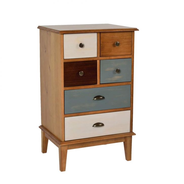 Cômoda Colors Madeira Maciça 6 Gavetas Castanho Verniz e Colorido Envelhecido