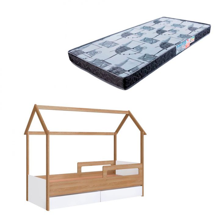 Cama Infantil Montessoriana Miney 2 GV Aveiro e Branco com Colchão Astra D20 Preto e Cinza