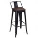 Banqueta alta Iron Tolix com encosto e assento de madeira rústica escura 76 cm Preto