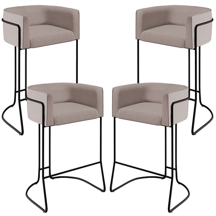 Kit 04 Banquetas Decorativas Fixa Base de Aço Preto Betina D02 Linho Bege C-107 - Lyam Decor