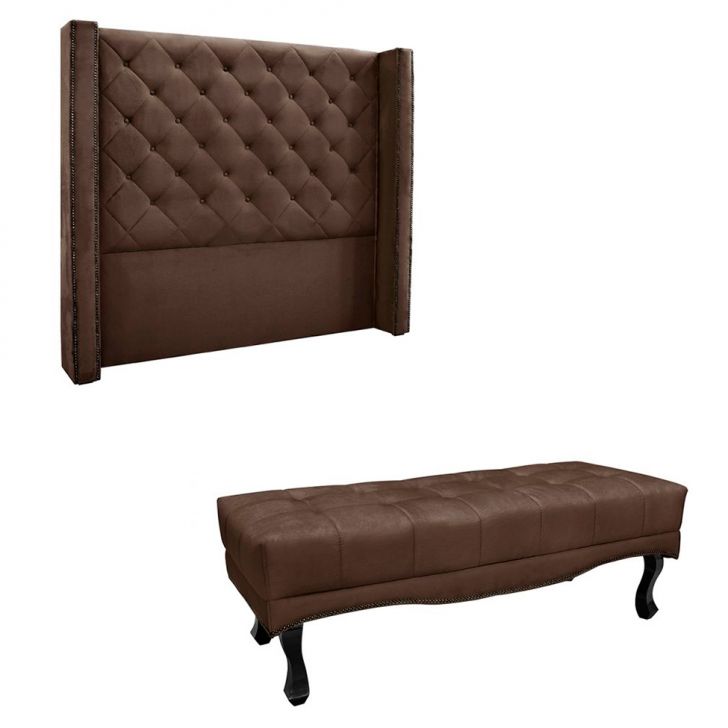 Conjunto de Cabeceira Queen com Recamier Vicenza Veludo Marrom
