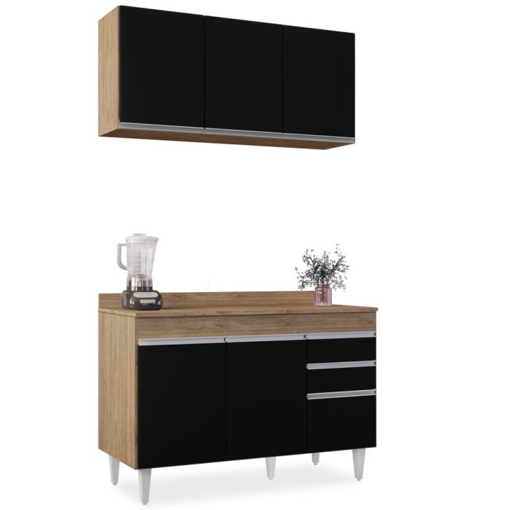 Armário Virgínia e Balcão com Tampo Michigan 120cm Castanho/Preto - Lumil