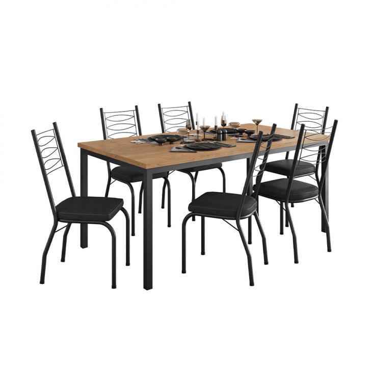 Conjunto De Mesa Retangular Com Tampo De Mdp Amadeirado E 6 Cadeiras Adriana I Revestimento Sintético Preto