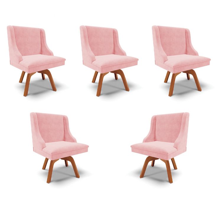 Kit 5 Cadeiras Decorativas Sala de Jantar Base Giratória de Madeira Firenze Suede Rosa Bebê/Natural G19 - Gran Belo