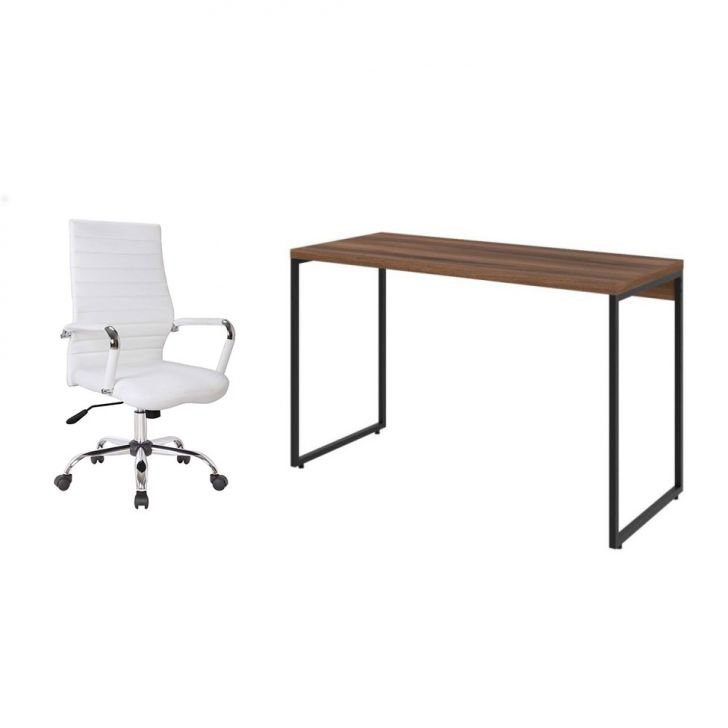 Conjunto de Mesa Studio Nogal 120 cm com Cadeira de Escritório Diretor Giratória Cleaner Branca