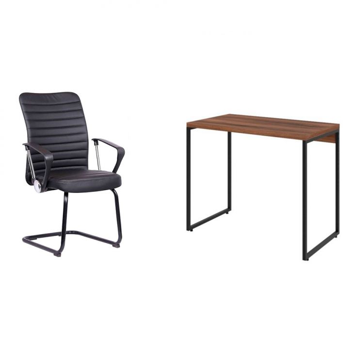 Conjunto de Mesa Studio Nogal com Cadeira de Escritório Interlocutor Fixa Oslo Preta