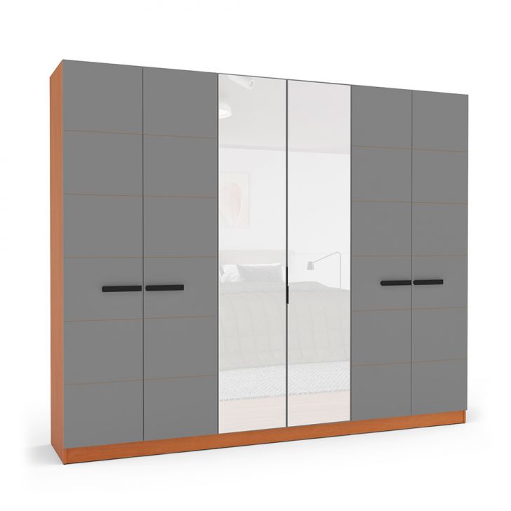 Image of Guarda-roupa Casal Com Espelho Lisboa 6 Portas 4 Gavetas Freijó E Cinza PLA-MO895CL55OSIMOB