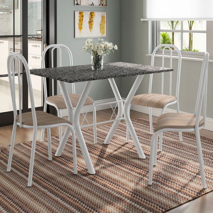 Conjunto De Mesa Miame 110 Cm Com 4 Cadeiras Madri Branco E Nature Bege