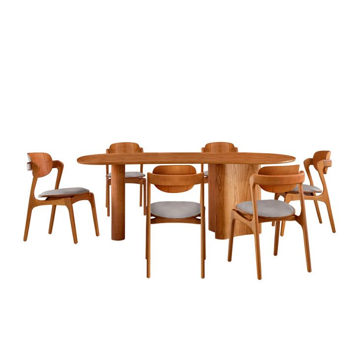 Mesa De Jantar Orgânica Savana Com Tampo Laminado E 6 Cadeiras Savana Gold Linho Cinza Claro E Imbuia Natural