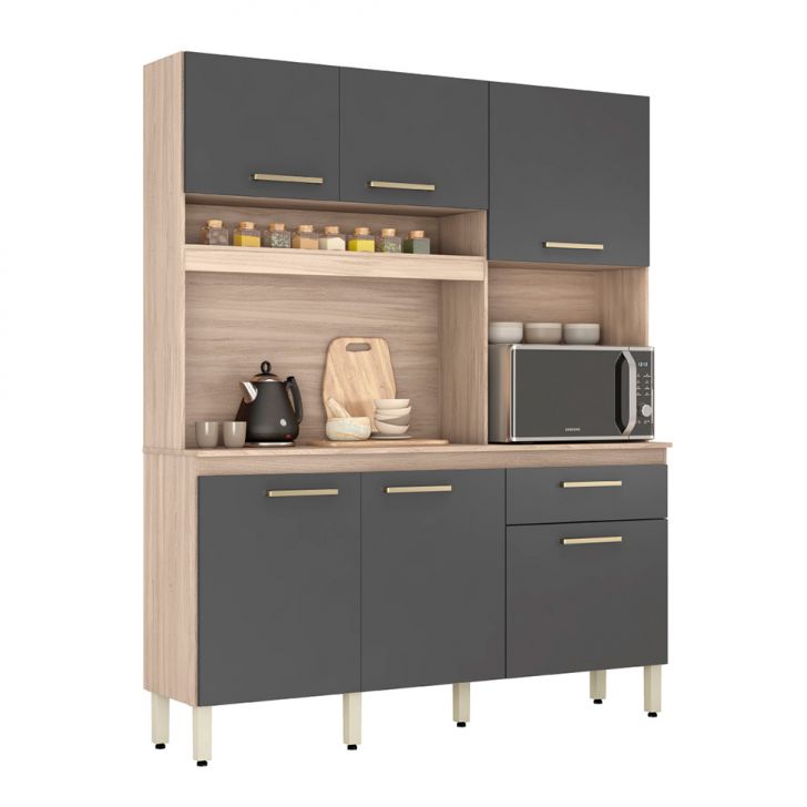 Kit de Cozinha Texas 6 Portas 1 Gaveta Avena e Grafite