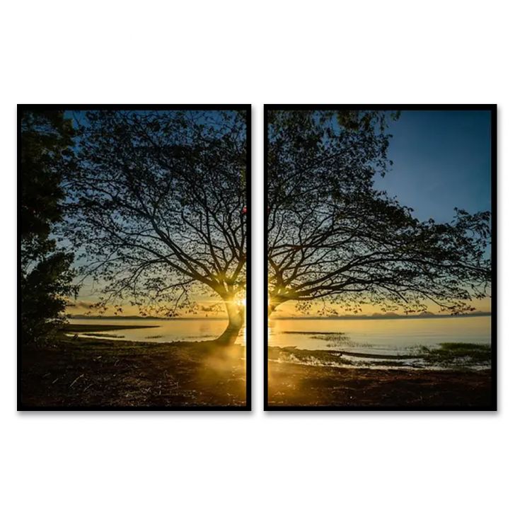 Kit com 2 Quadros Decorativos 60x40 cm Paisagem Por do Sol com Moldura Caixa Preta, na posição Vertical ideal para ambiente de Sala, Quarto e Hall.