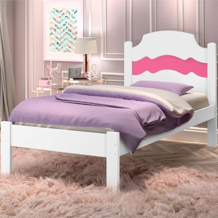 Cama Solteiro Iris Branco Rosa com Colchão