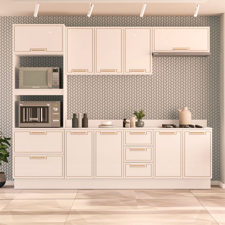 Image of Cozinha Completa Com Tampo E Rodapé Amara 10 Portas 4 Gavetas Branca PLA-MO895CL55PTSMOB