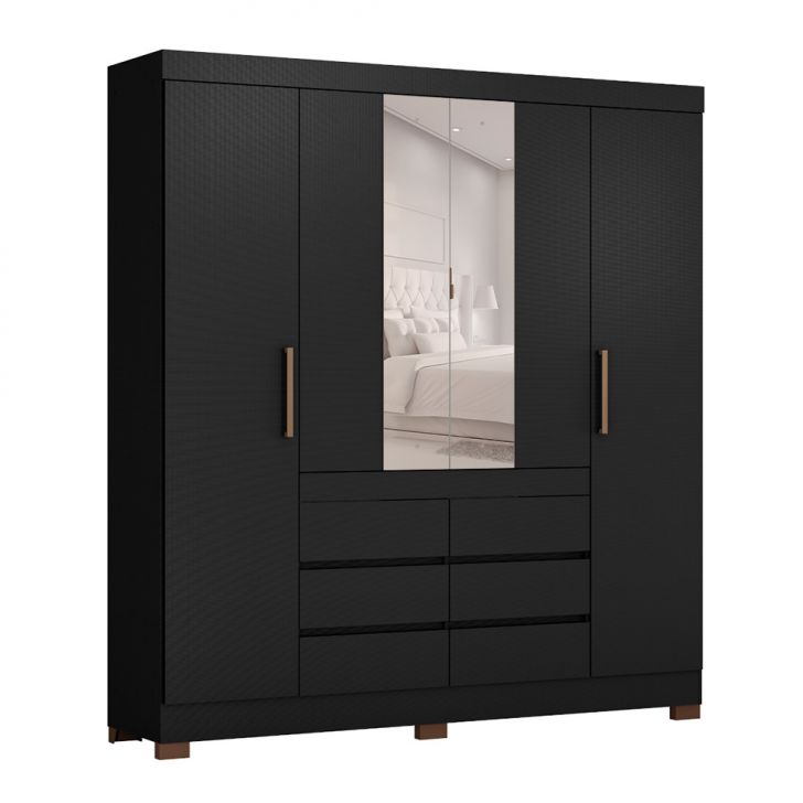 Guarda-roupa Casal Com Espelho Cadis 6 Portas 6 Gavetas Preto Prime E Amêndola