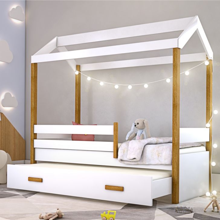 Cama Montessori Cabana com Auxiliar Cordão LED e Colchão