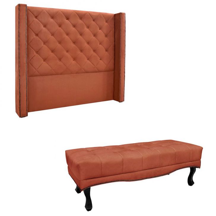 Conjunto de Cabeceira King com Recamier Vicenza Veludo Cobre