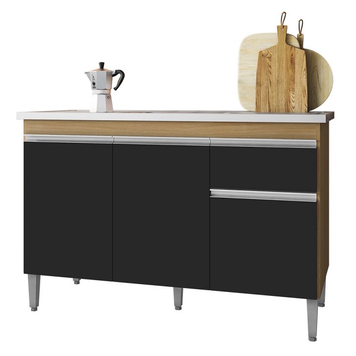 Balcão de Cozinha Com Pia Inox 120cm 1 Gaveta Tatiane Amêndoa/Preto - AJL Móveis