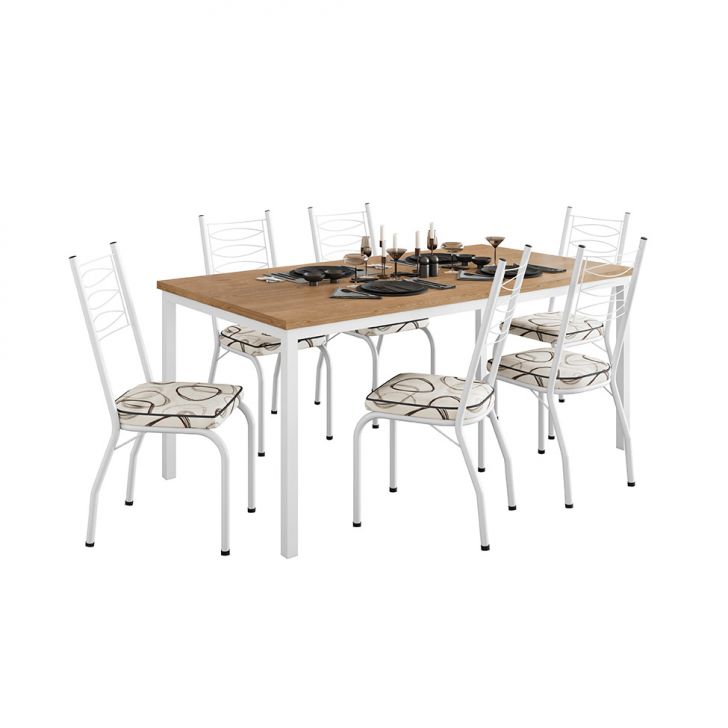 Conjunto De Mesa Retangular Com Tampo De Mdp Amadeirado E 6 Cadeiras Adriana I Revestimento Sintético Cedro E Branco