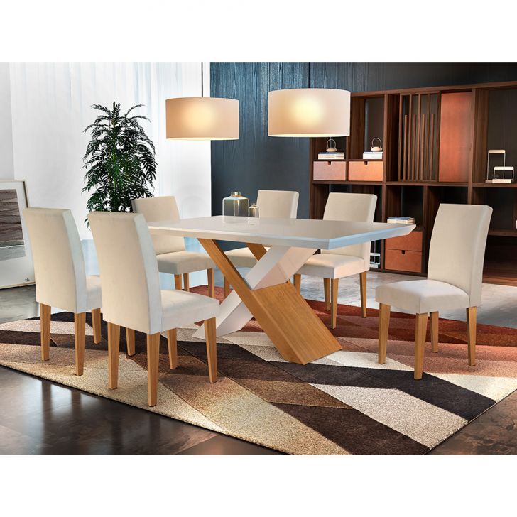 Conjunto De Mesa De Jantar Imperatriz Com 6 Cadeiras Estofadas Grécia I Veludo Off White E Creme