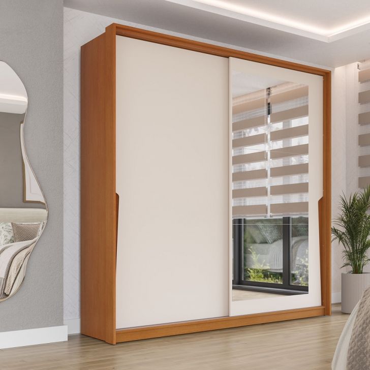 Guarda-roupa Casal Com Espelho Porto 2 Portas 2 Gavetas Freijó E Creme