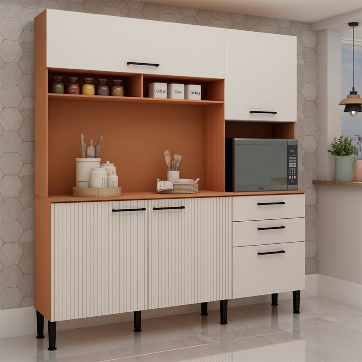 Cozinha Compacta Fiore 100% MDF 5 Portas 2 Gavetas Freijó e Off White