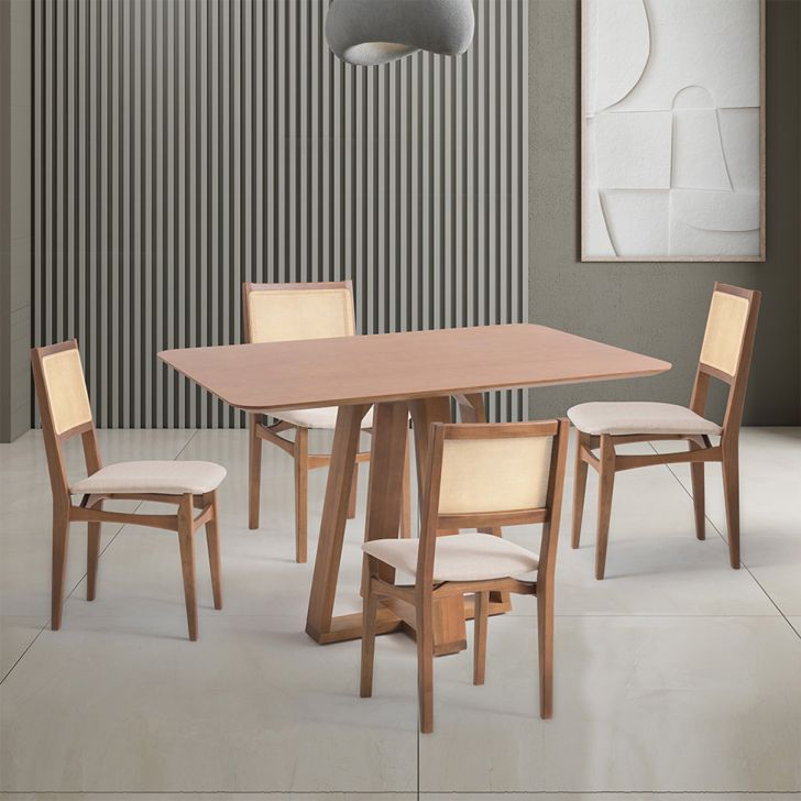 Image of Conjunto De Mesa Retangular Com Tampo De Madeira Maciça Frame E 4 Cadeiras Serena Poliéster Bege E Natural PLA-MO895TA45THMMOB