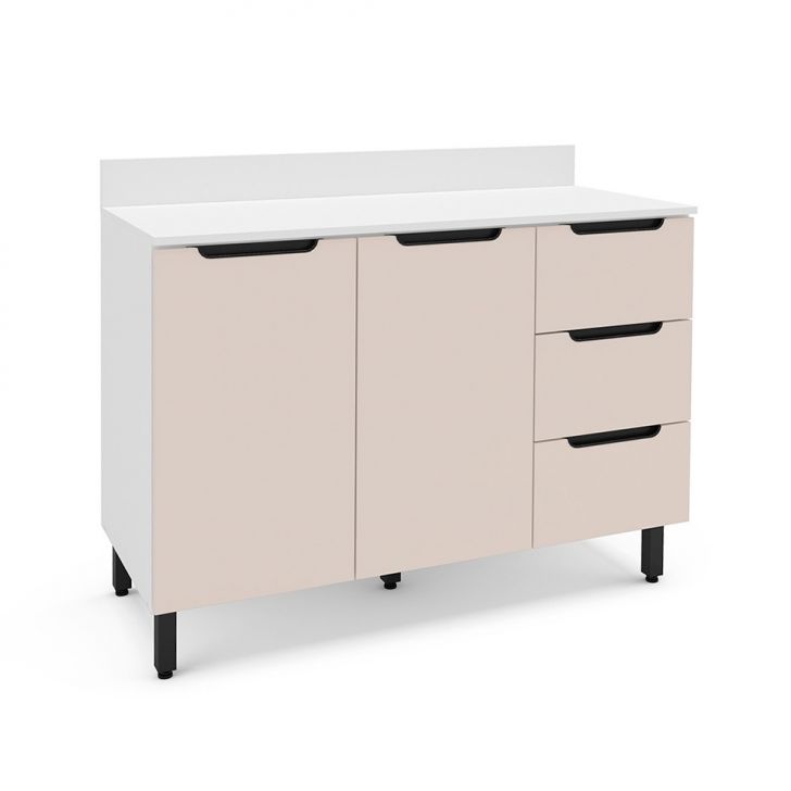Balcão de Cozinha Meena com Tampo 2 Portas 3 Gavetas Creme e Branco
